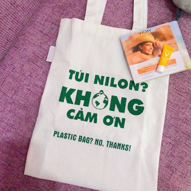 Túi Tote Canvas bảo vệ môi trường (in slogan) đeo vai