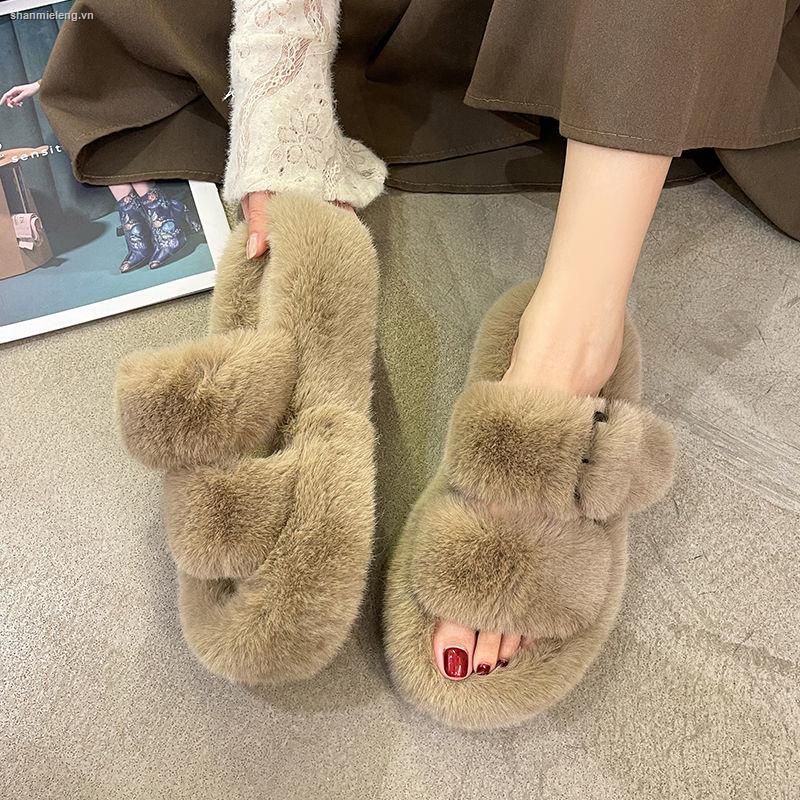 Dép cotton phối lông thỏ thật thời trang xuân thu mới 2022 cho nữ