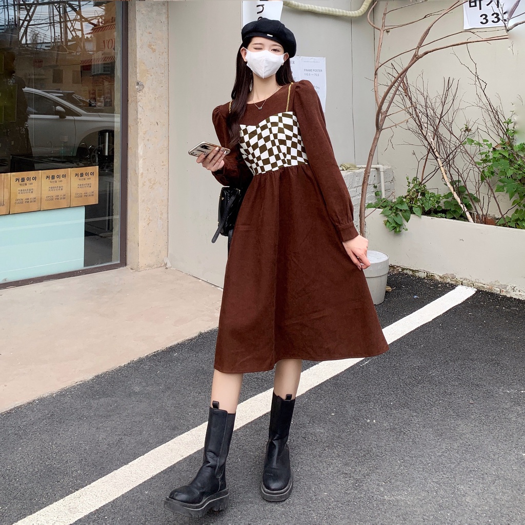 【ZHELIHANGFEI】Đầm Nữ Tay Dài Giả Hai Lớp Ôm Eo Thời Trang Thanh Lịch