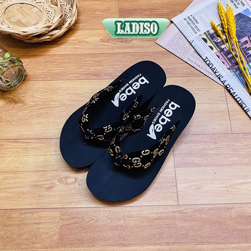Dép đế xuồng nữ LADISO quai kẹp SIÊU NHẸ phối chữ sang chảnh cao 7cm - TT347