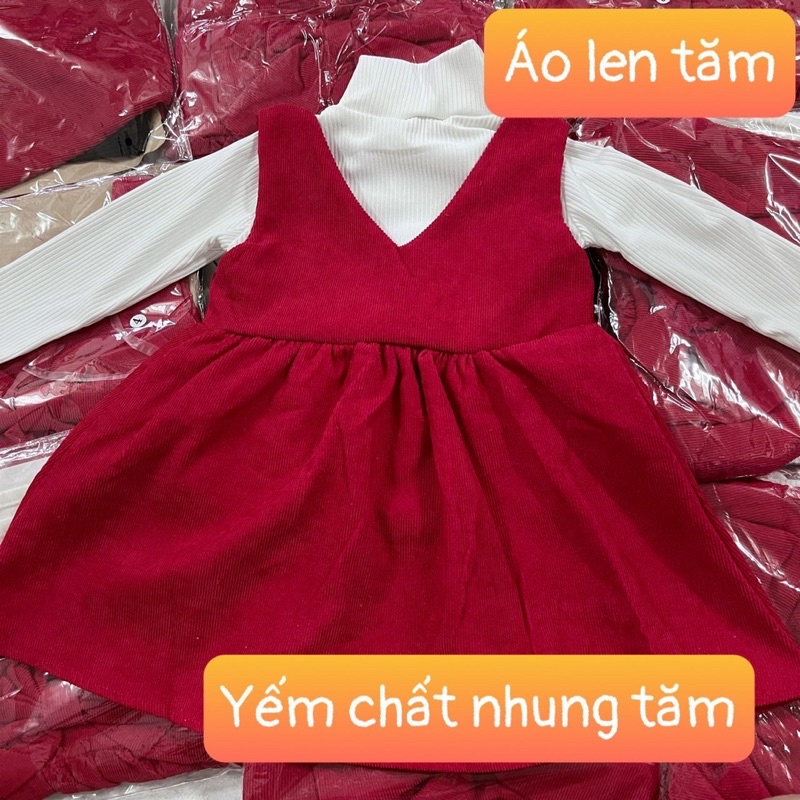 Yếm váy công chúa nhung đỏ kèm áo len tăm cho bé gái từ 8 đến 20kg mặc Thu Đông Lễ Tết - Riokids YEM1