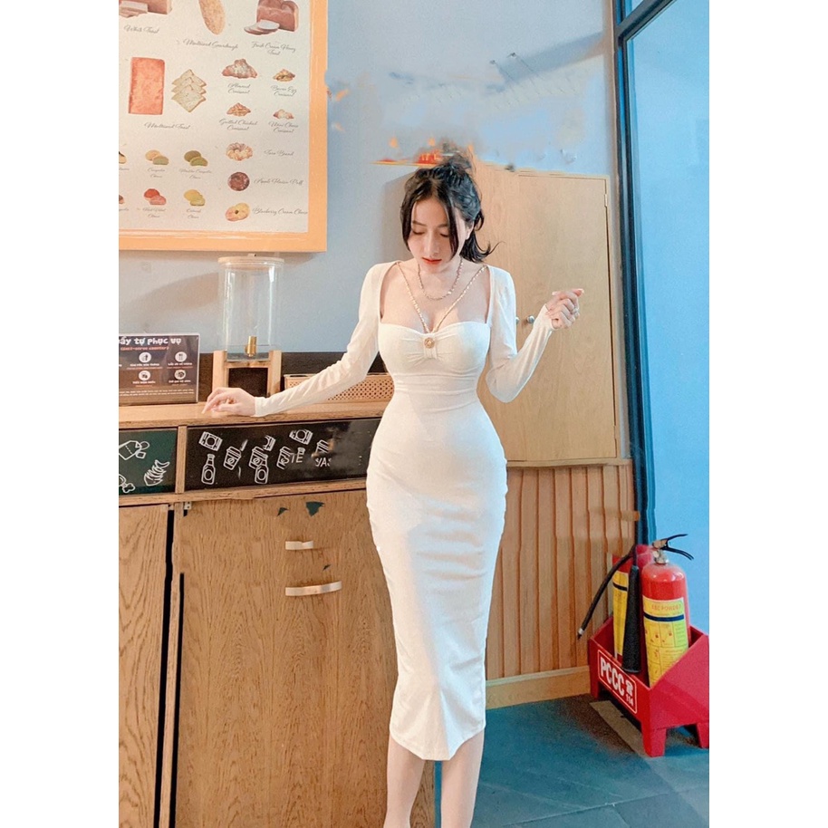 Đầm body cổ vuông nơ ngực có mút xẻ sau chất thun borip thích hợp mặc đi làm đi chơi phù hợp với mọi phong cách