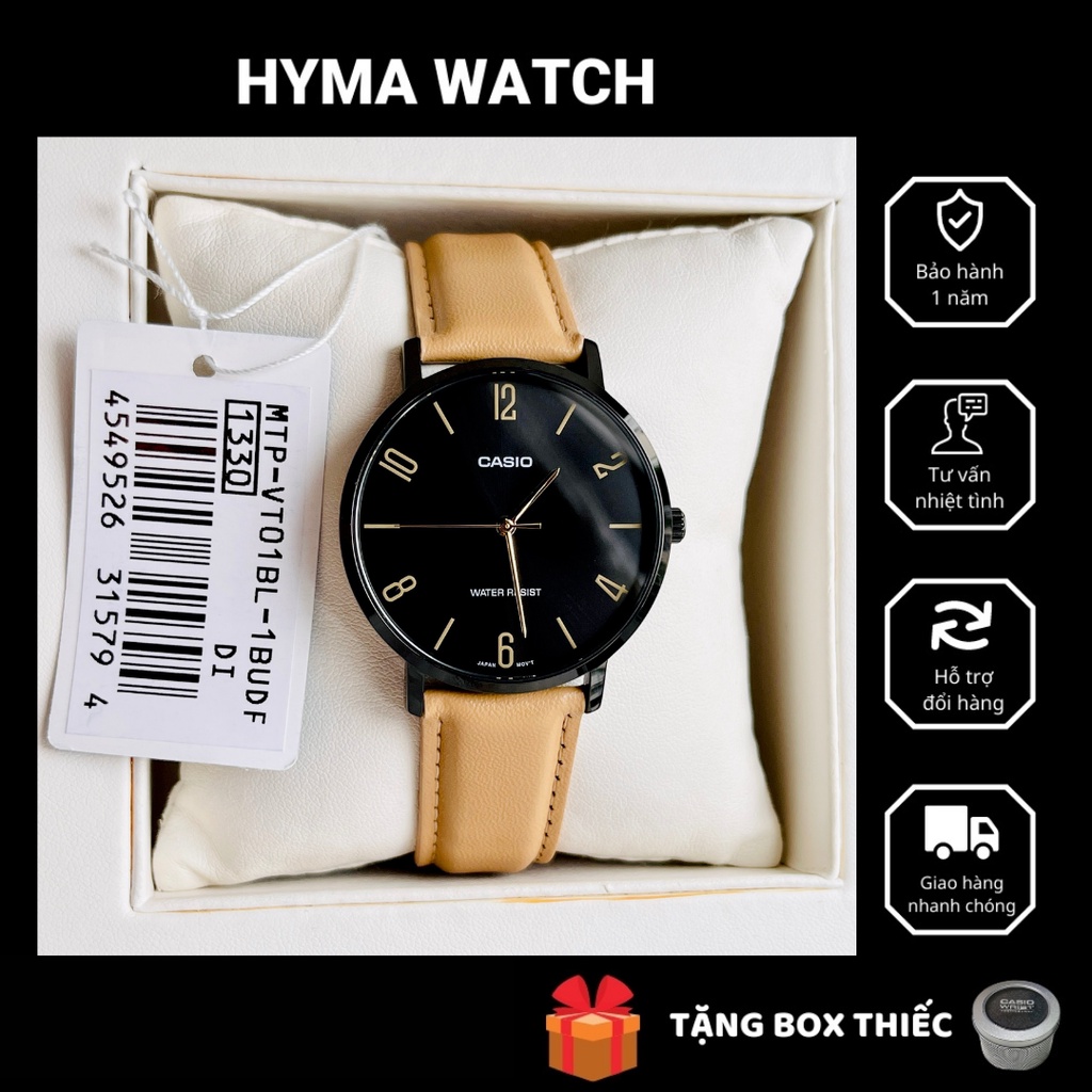 Đồng hồ nam dây da cao cấp Casio MTP VT01BL-1B Mặt đen kính khoáng Size 40mm chống nước 3 ATM Bảo hành 1 năm Hyma watch