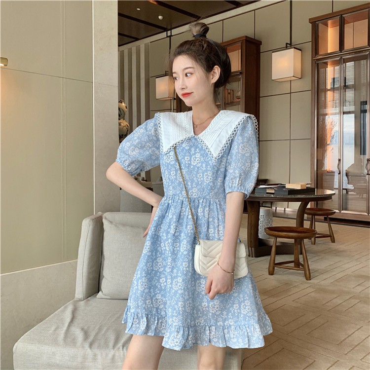 Váy hoa nhí cổ tàu QC9732 xanh hoa nhí