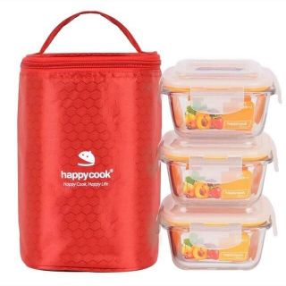 Bộ 3 hộp thủy tinh HAPPY COOK vuông 320ml kèm túi giữ nhiệt