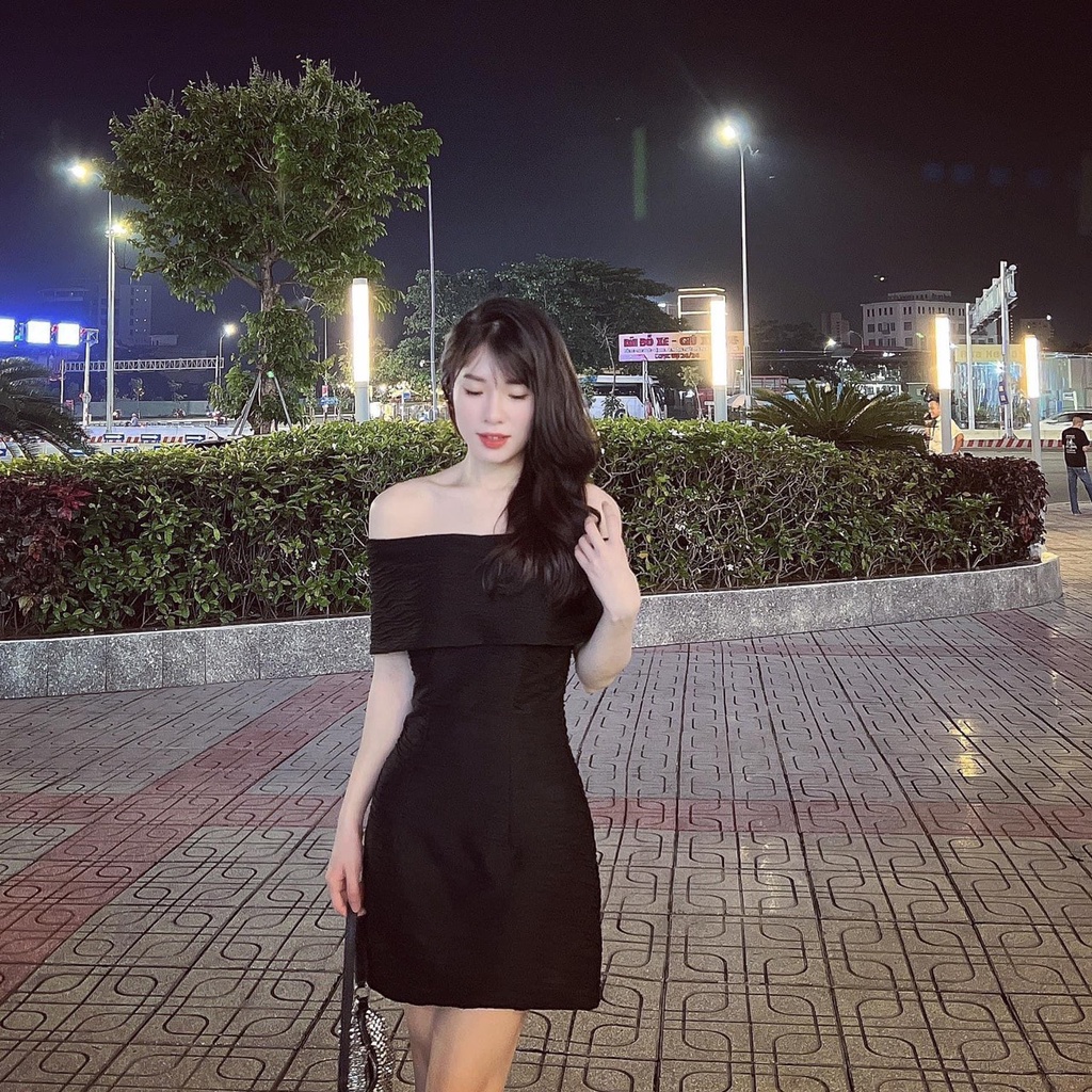 Váy Trễ Vai , Váy Body Ngang Vai Hoạ Tiết Sóng Kèm Quần Trong