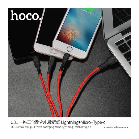 Cáp Sạc HOCO U31 - 3 Đầu (Lightning/Micro/Type-C) - Dây Dù - Siêu Bền - Chính Hãng