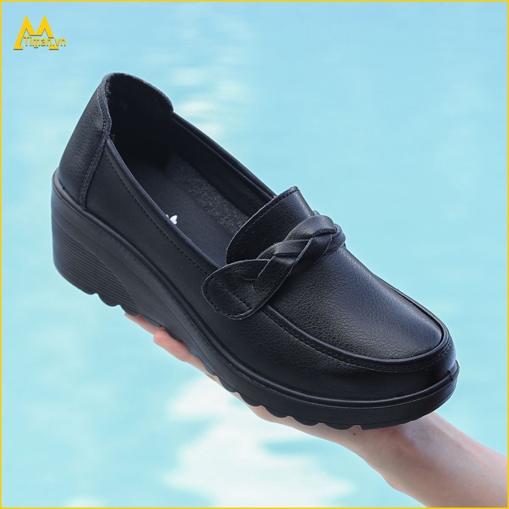 Giày lười nữ chất liệu da vải slip on kiểu mọi đế cao màu trắng độn đế bảo hành 1 năm CC01 TIMAN