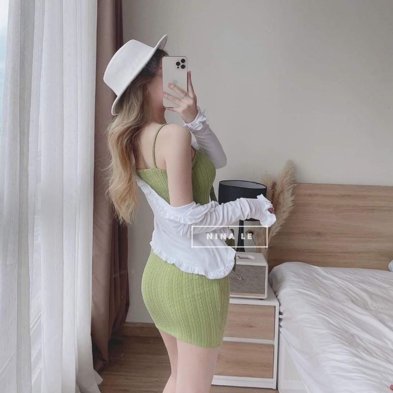 ĐẦM 2S BODY LEN XANH CHUỐI KÈM KHOÁC CROP TRẮNG