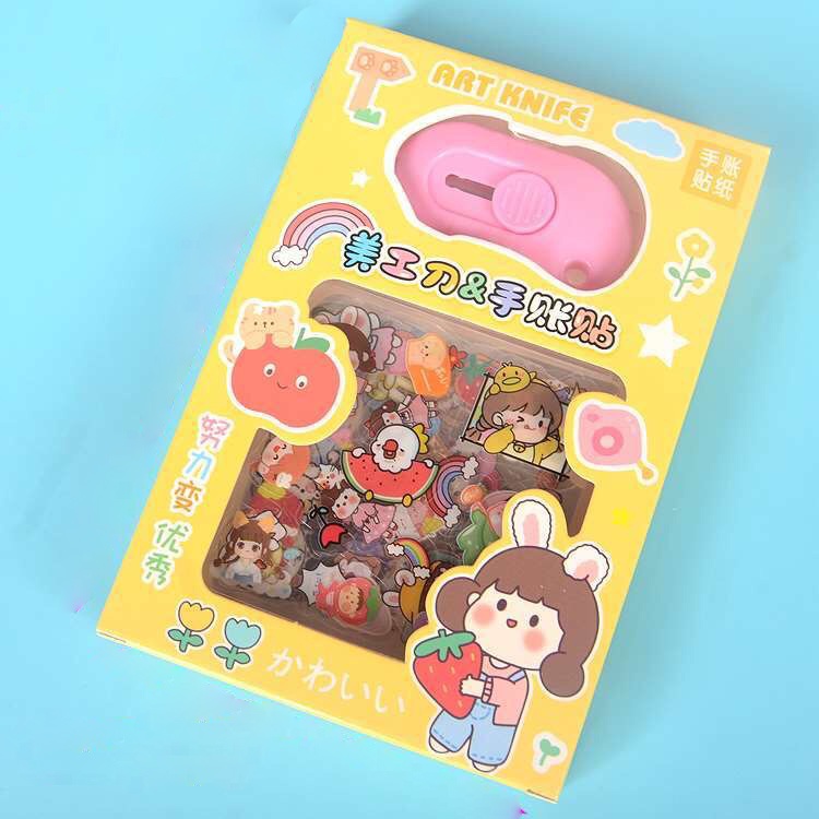 Set 10 Tấm Sticker Dán Cute, Nhựa PVC Trong Suốt, Tặng Kèm Dao Rọc Giấy