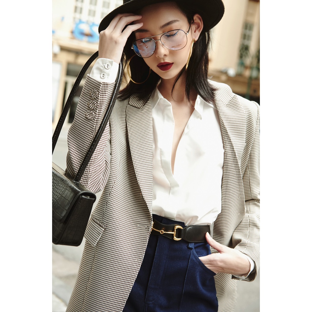 Áo blazer cổ điển họa tiết hoạ tiết houndstooth HUONG BOUTIQUE HBVEST145