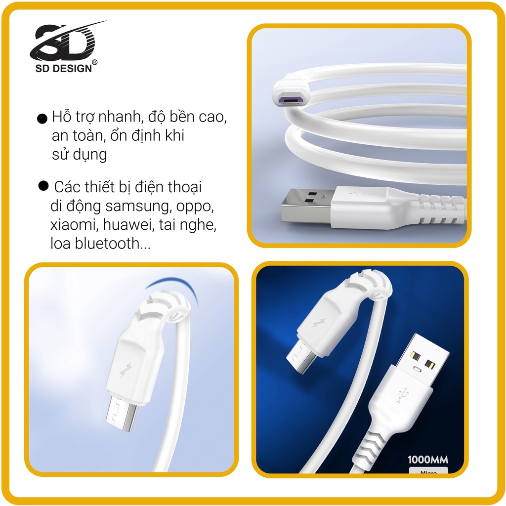 Cáp Sạc Micro Usb L6 chính hãng SD DESIGN sạc ổn định, dùng cho samsung, oppo bảo hành 1 đổi 1