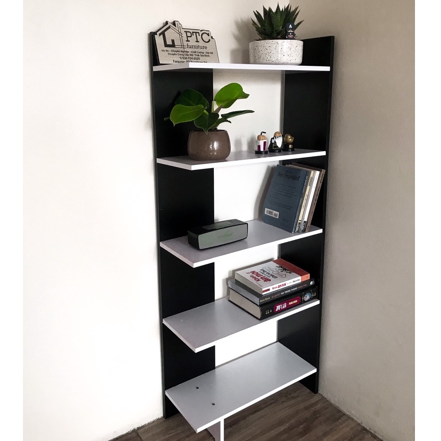 Kệ sách gỗ 5 tầng kệ góc tường gỗ MDF chống nước màu TRẮNG MIX ĐEN
