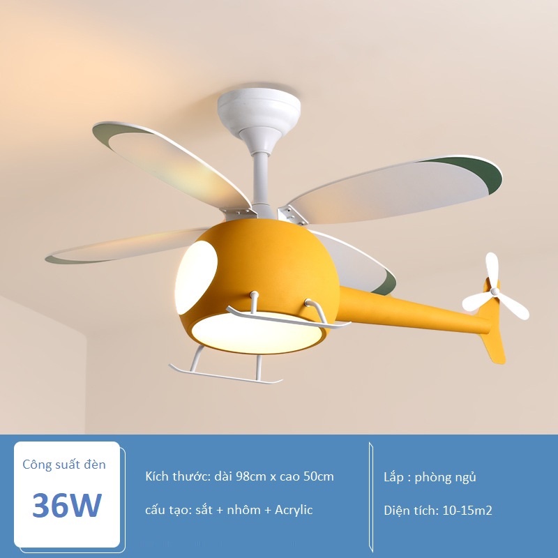 Quạt trần đèn trang trí phòng trẻ em hình máy bay trực thăng, động cơ AC 90W, độ ồn thấp, bảo hành 5 năm .
