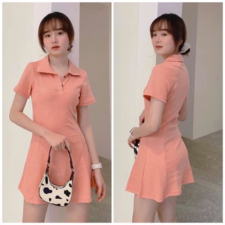 Đầm polo thun gân xoè 6 mảnh đen hồng trắng xám cam (ảnh thật)