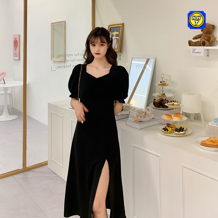 Đầm Đen Dáng Chữ a Cổ Vuông Xẻ Tà Phong Cách Hepburn Pháp Cỡ Lớn Thời Trang Cho Nữ