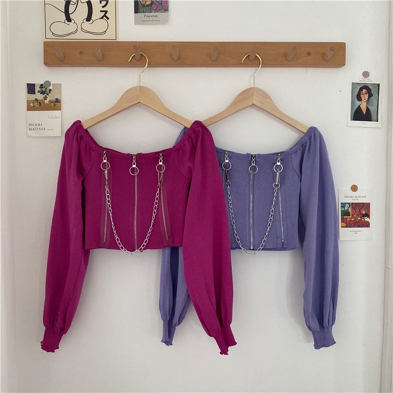 Áo Cardigan Dệt Kim Tay Dài Trễ Vai Màu Đen Phong Cách Retro Dành Cho Nữ