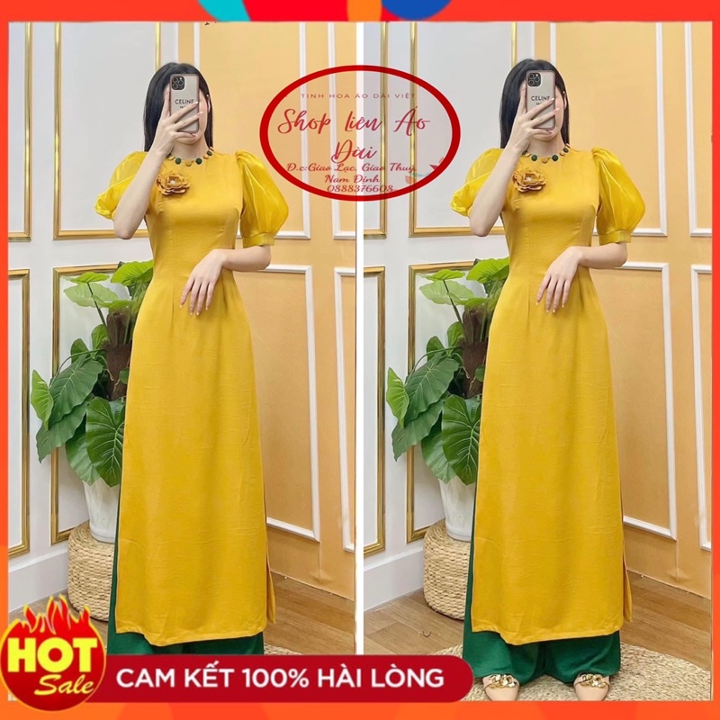 Áo dài cách tân nữ tay bồng bo cổ phối cúc bọc, áo dài thiết kế 2 tà cổ tròn tay ngắn, áo dài may sẵn