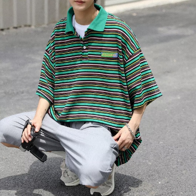 Áo Thun POLO Tay Ngắn Dáng Rộng Thoáng Khí In Họa Tiết Phong Cách hip hop Đường Phố Hàn Quốc Thời Trang Mùa Hè Cho Nam