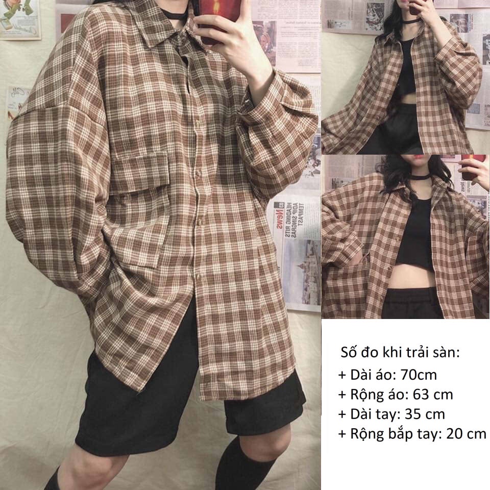 A026 Áo sơ mi kẻ caro tay bồng oversize nam nữ Áo chống nắng khoác ngoài đen trắng unisex dáng rộng hè thu dài tay phồng