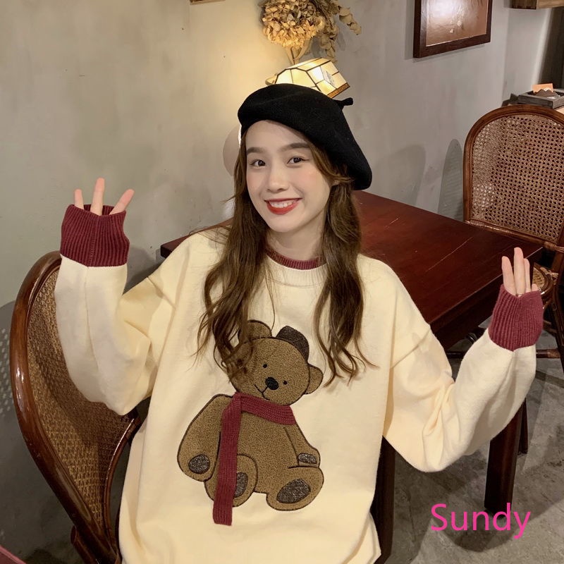 Áo sweater dài tay dáng rộng phong cách retro thời trang mùa đông cho nữ