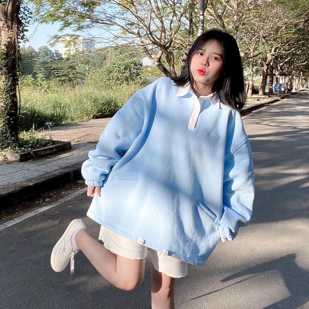 Áo Sweater Tay Dài MERY Form Rộng Vải Nỉ Bông Cổ Polo Phong Cách Ulzzang