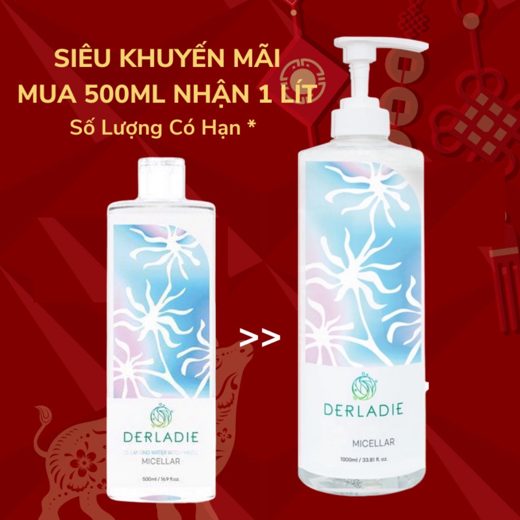 Nước Tẩy Trang Cây Phỉ Làm Sạch, Ngừa Mụn Trên Da Derladie Cleansing Water Witch Hazel 1000ml