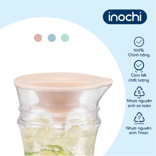 Bình nước Inochi - Yama 1.2L, 1.3L thân Trắng trong + nắp Xanh nhạt/Xanh trà/Hồng đậm