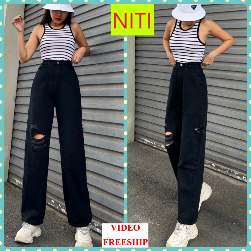 [ORTD5124] QUẦN JEANS ỐNG RỘNG NỮ LƯNG CAO RÁCH VUÔNG GỐI PHẢI BE TRÁI CAO MÀU ĐEN LAI CUỐN DÀY DẶN CAO CẤP NITIQC