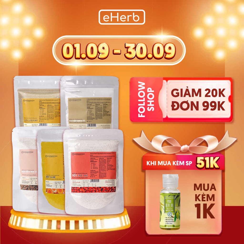 Combo 5 Mặt Nạ Bột Siêu Trắng Da: Cám Gạo, Yến Mạch, Đậu Đỏ, Khoai Tây, Nghệ MILAGANICS (100g/ Túi)