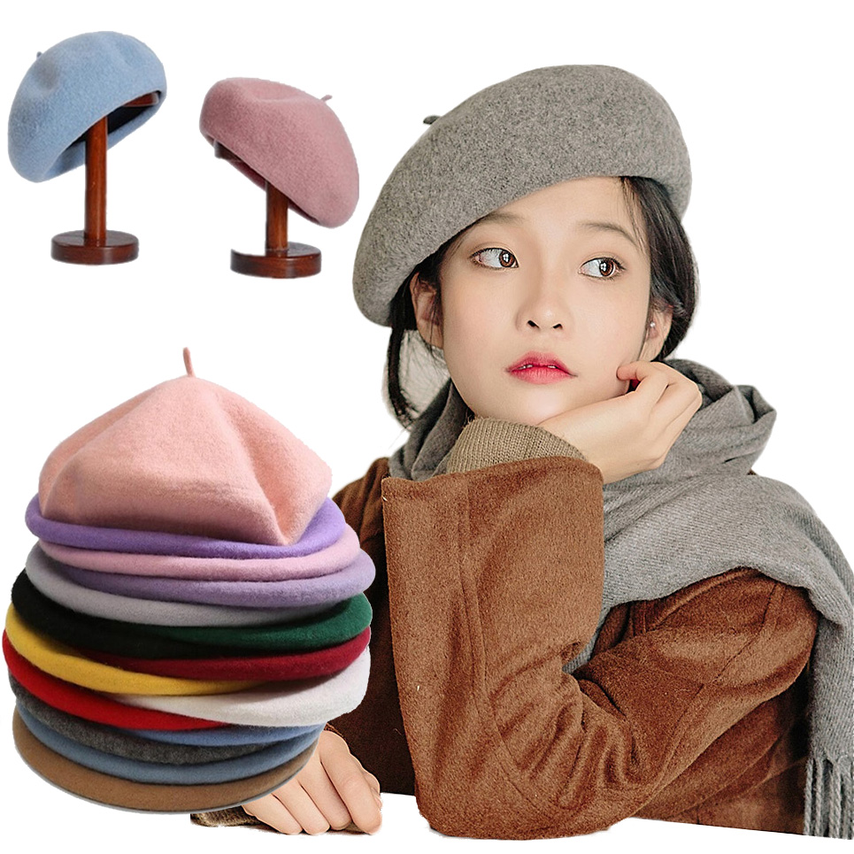 Nón Beret Len Màu Trơn Phong Cách Cổ Điển Thanh Lịch Cho Nữ