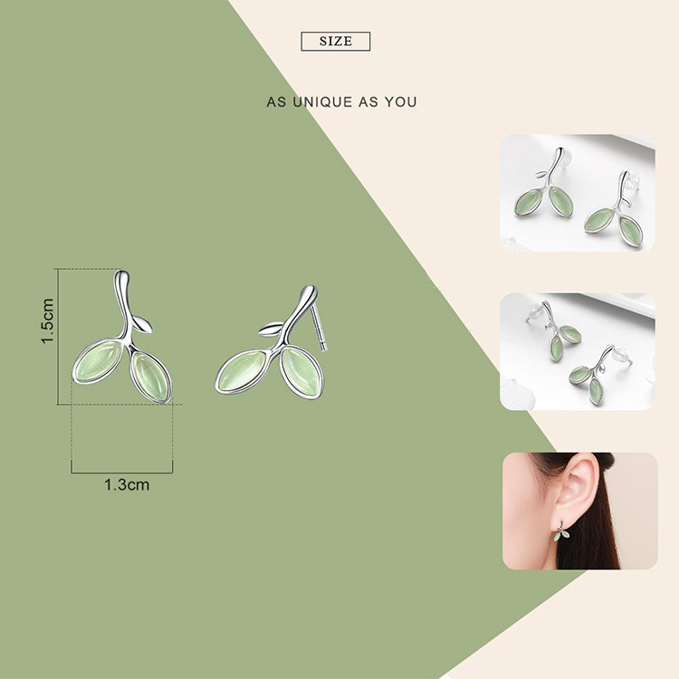 Bông tai lá mầm xanh bạc ý S925 thời trang Hàn cực xinh, giá rẻ - HT214