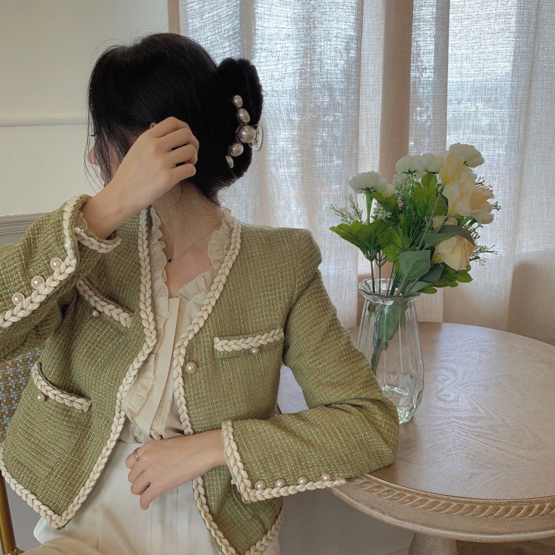 (ORDER) Áo khoác dạ Tweed phối viền cói khuy cườm sang trọng cao cấp màu xanh nhẹ nhàng Hàn Quốc