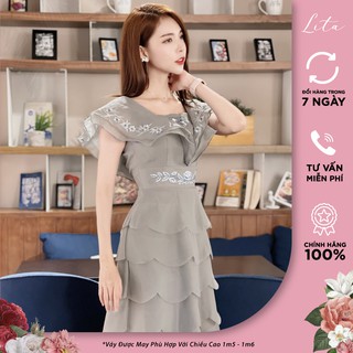 Đầm dự tiệc nữ Lita - Váy tiểu thư xếp từng thêu hoa dáng xòe cao cấp SKU : VCS07