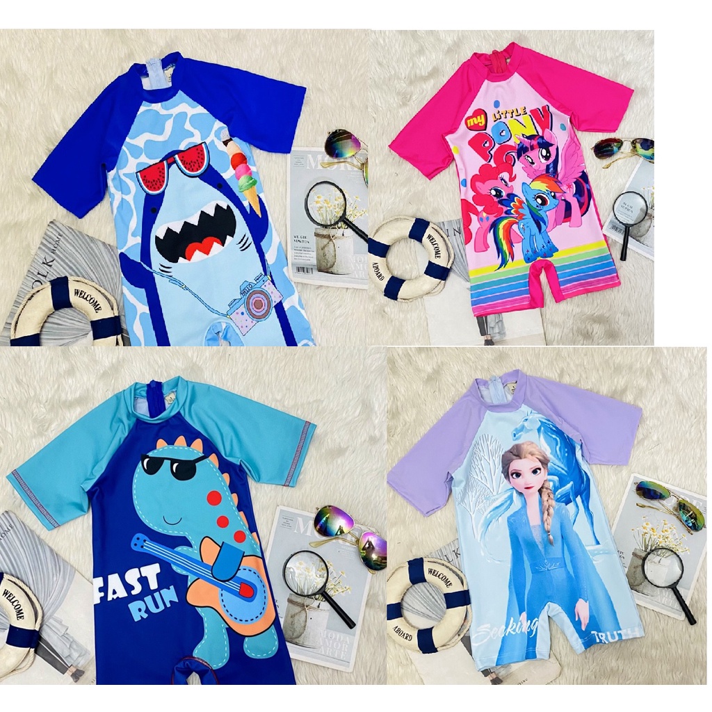 Bộ đồ bơi liền thân in họa tiết cá mập baby shark, khủng long, elsa và pony cho bé trai  bé gái đi biển đi bơi