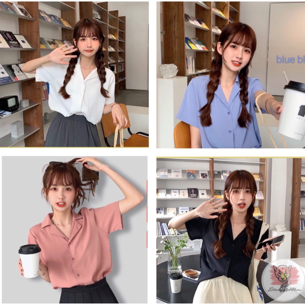 Áo sơ mi tay ngắn cổ vest nữ kiểu form rộng đẹp hàn quốc cộc tay vintage ulzzang - AK0001 | steven.factory