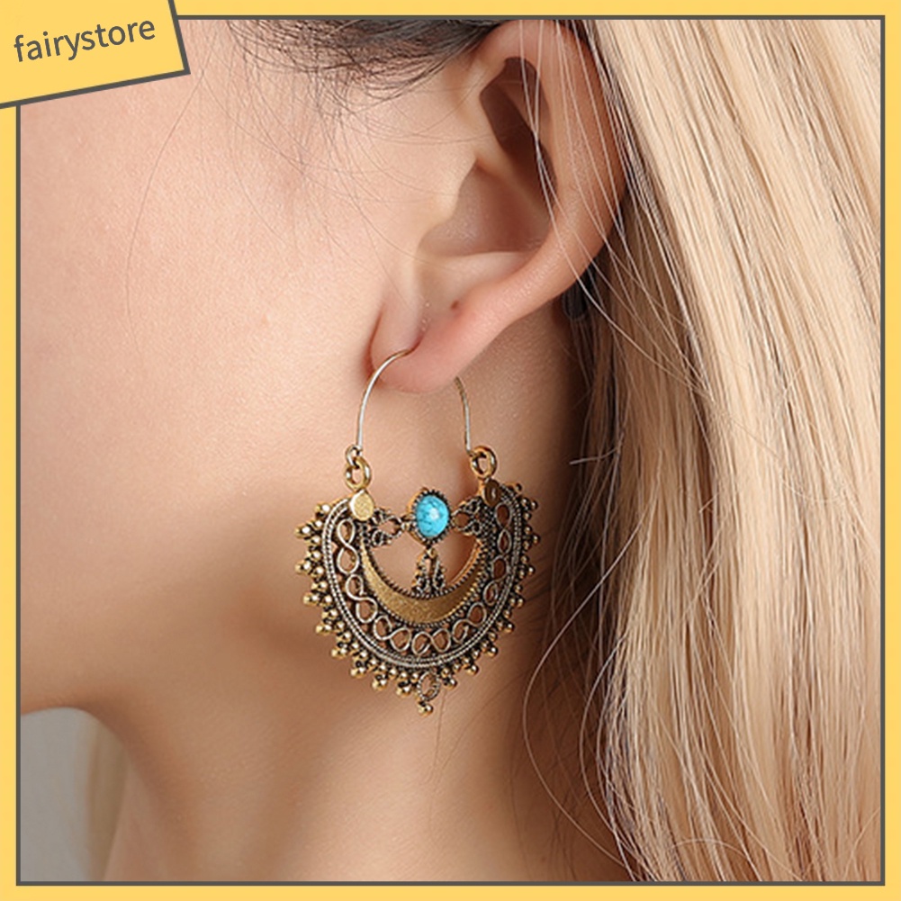 Khuyên Tai Chuỗi Đính Đá Ngọc Lam Nhân Tạo Phong Cách Dân Tộc Thời Trang Cho Nữ