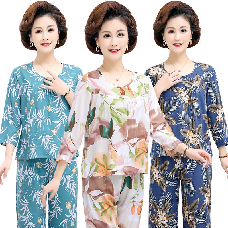 100Mẹ cotton lụa pijama phụ nữ mùa xuân và mùa thu mùa hè dài tay hai mảnh phù hợp với người trung niên và cao tuổi cott