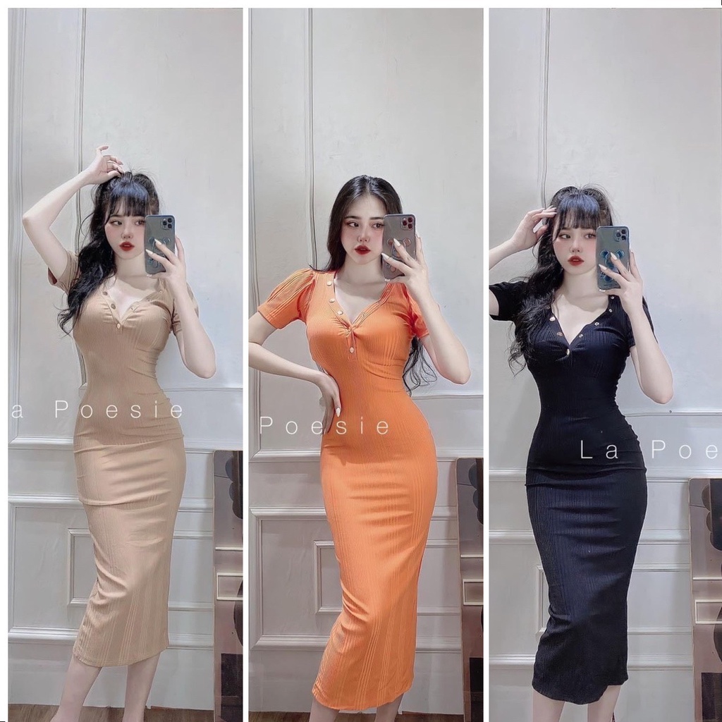 Đầm Body Tim Nút Cổ Thun Gân