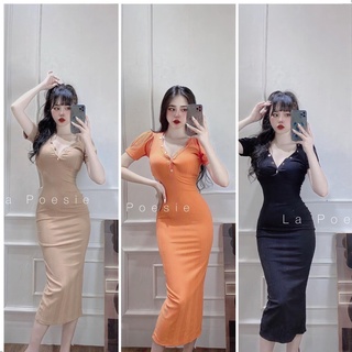 Đầm body tim nút cổ thun gân