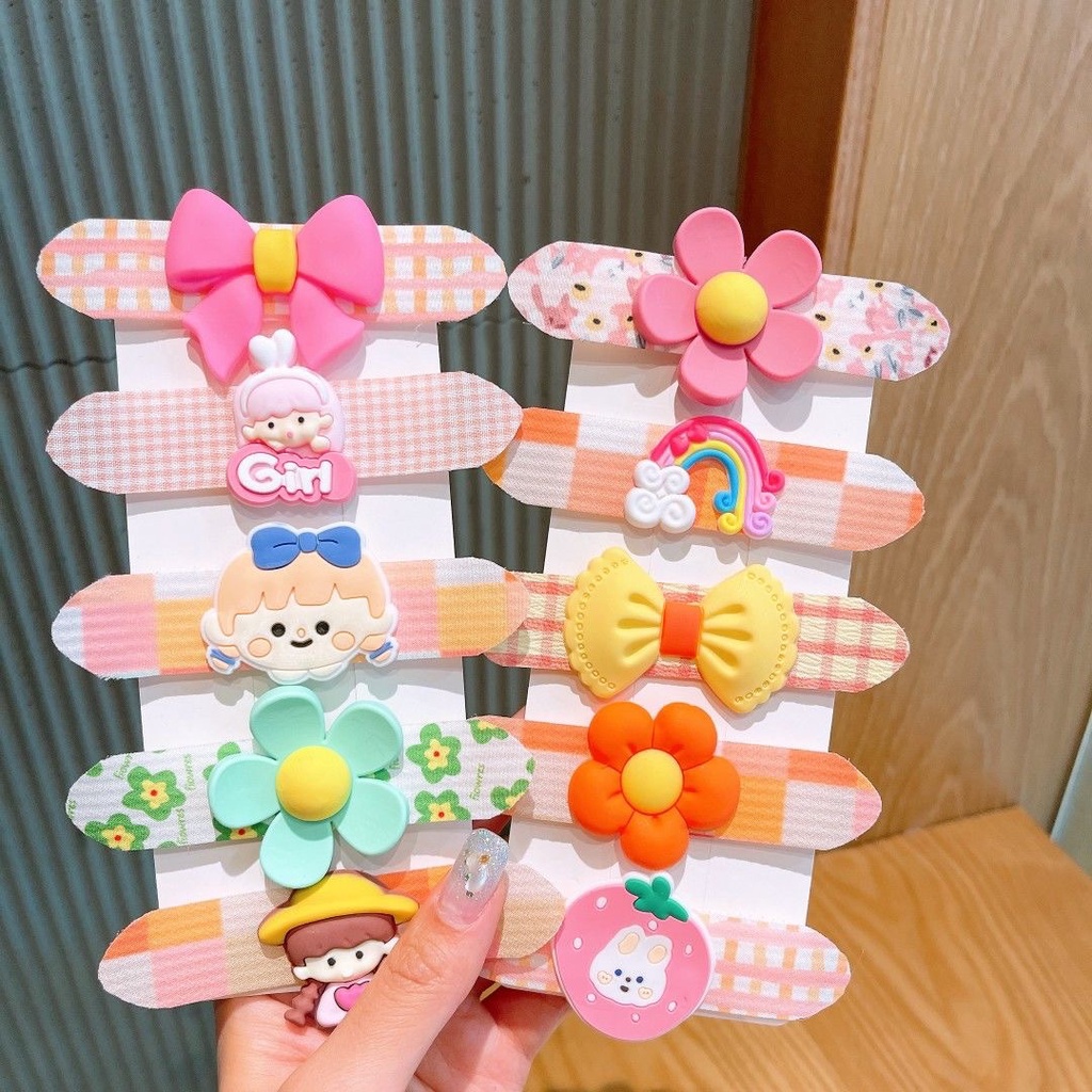 Sét 5 Miếng Dán Cố Định Tóc Gọn Gàng Chống Trượt Không Đau Cho Bé Gái, băng đô dán tóc hoa quả hoạt hình đáng yêu cho bé