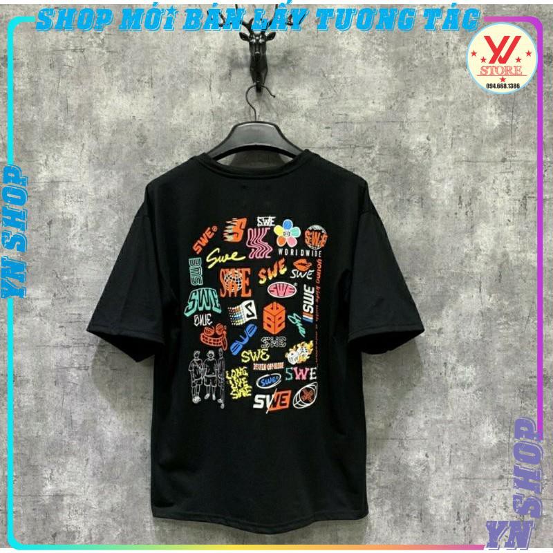 Áo Thun Form Rộng Tay Lỡ in Hình Nhiều Logo SWE, áo phông nam nữ Phong Cách Ulzzang Hàn Quốc SmileZ