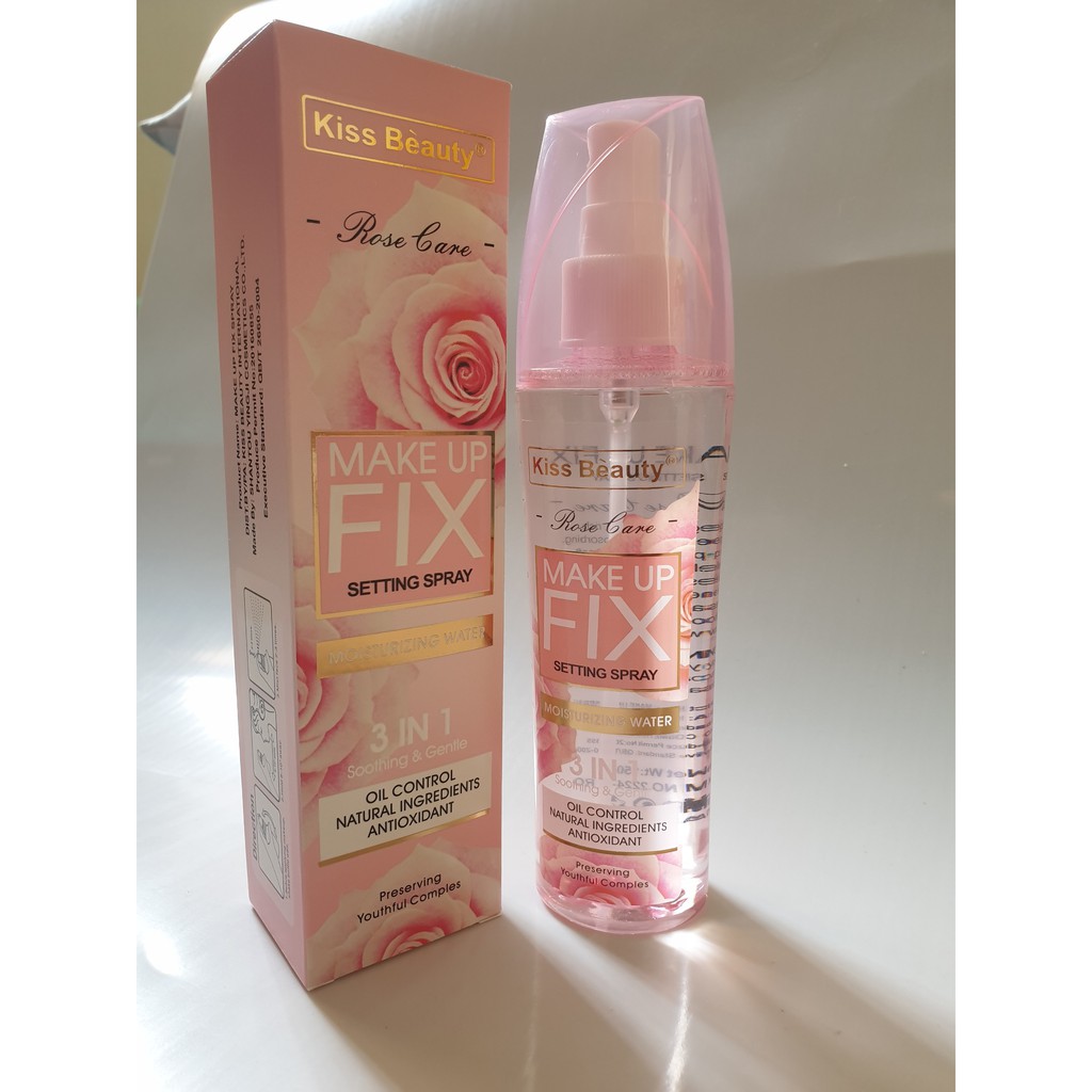 Xịt khoáng khóa  nền hoa hồng Kiss Beauty 3 in 1 150ml. Xịt khóa nền.