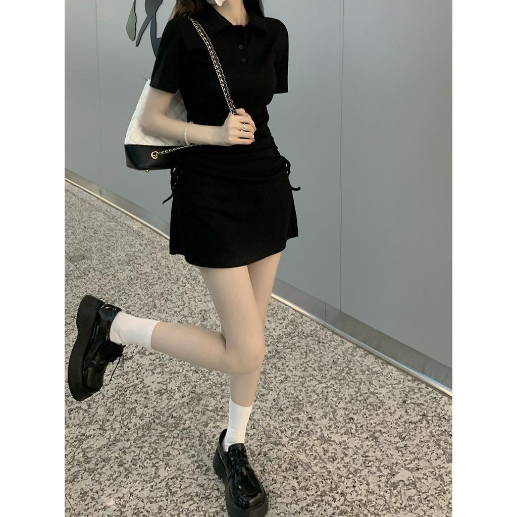 Đầm Thun Ngắn Tay Cổ Bẻ Thiết Kế Rút Dây Eo Thời Trang Nữ Tính