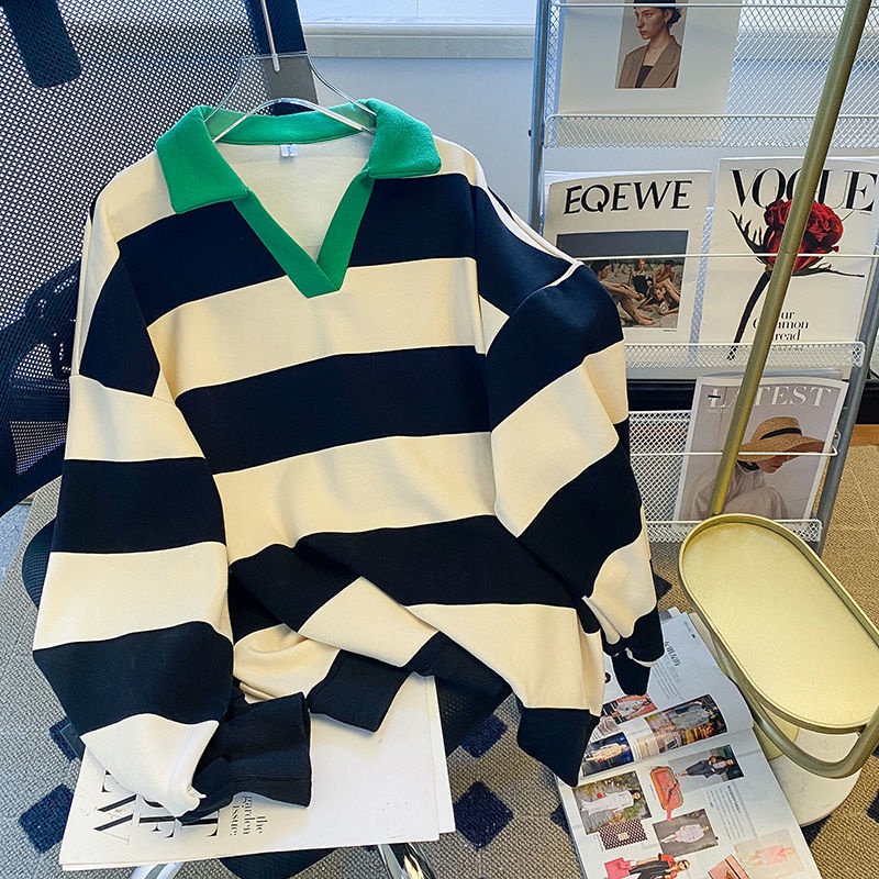 Áo Sweater Cổ Polo Hoạ Tiết Kẻ Sọc Phong Cách Retro