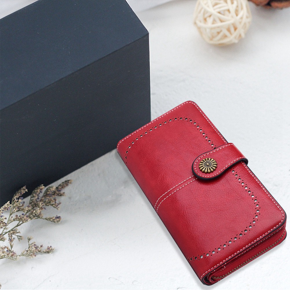 Leather Women's Long Wallet Hollow Out Buckle Wallets Card Black
