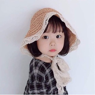 Mũ Sợi Cói Vành Ren Tiểu Thư Cho Bé