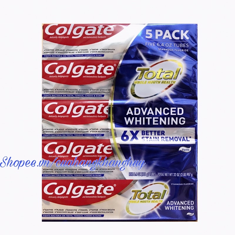 Lốc 5 hộp Kem đánh răng Colgate Total SF Advanced Whitening, Sensitivity Relief 181 g của Mỹ (Mẫu mới)