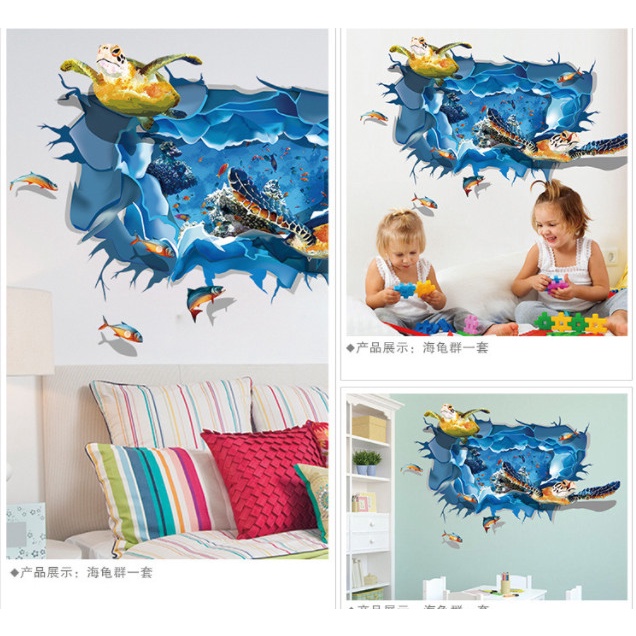 Decan dán tường đẹp, decan 3D hình Rùa Biển 0953