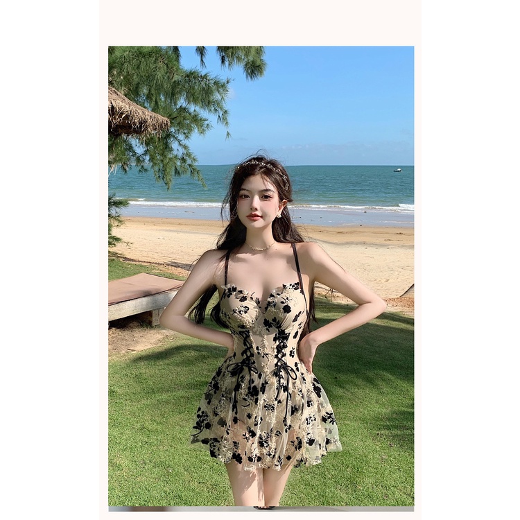 Bộ Đồ Bơi Dây Rút Họa Tiết Hoa Phong Cách Retro Quyến Rũ Cho Nữ